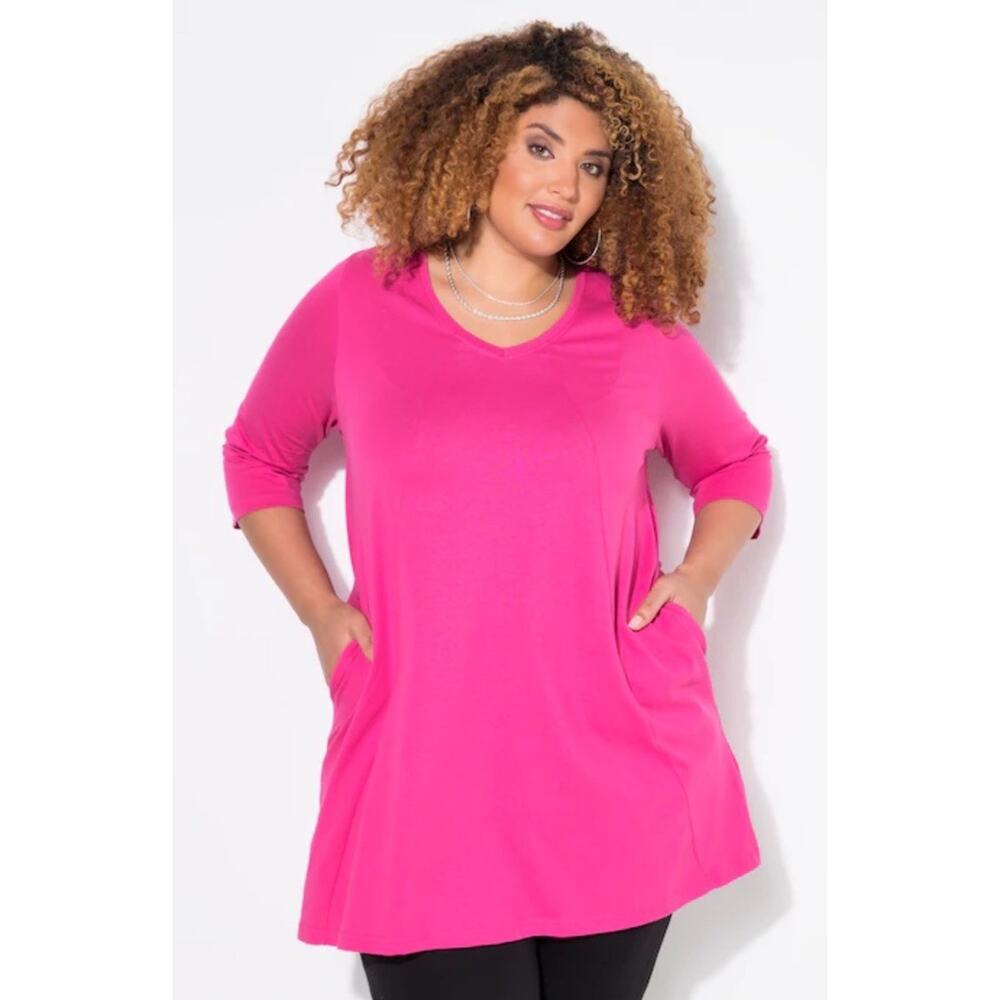 Ulla Popken Women’s V Neck Seam Knit Pocket Tunic Pink Size 28/30